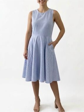 Ralph Lauren Seersucker Midi Dress Sleeveless A-Line Pockets Preppy Classic 12